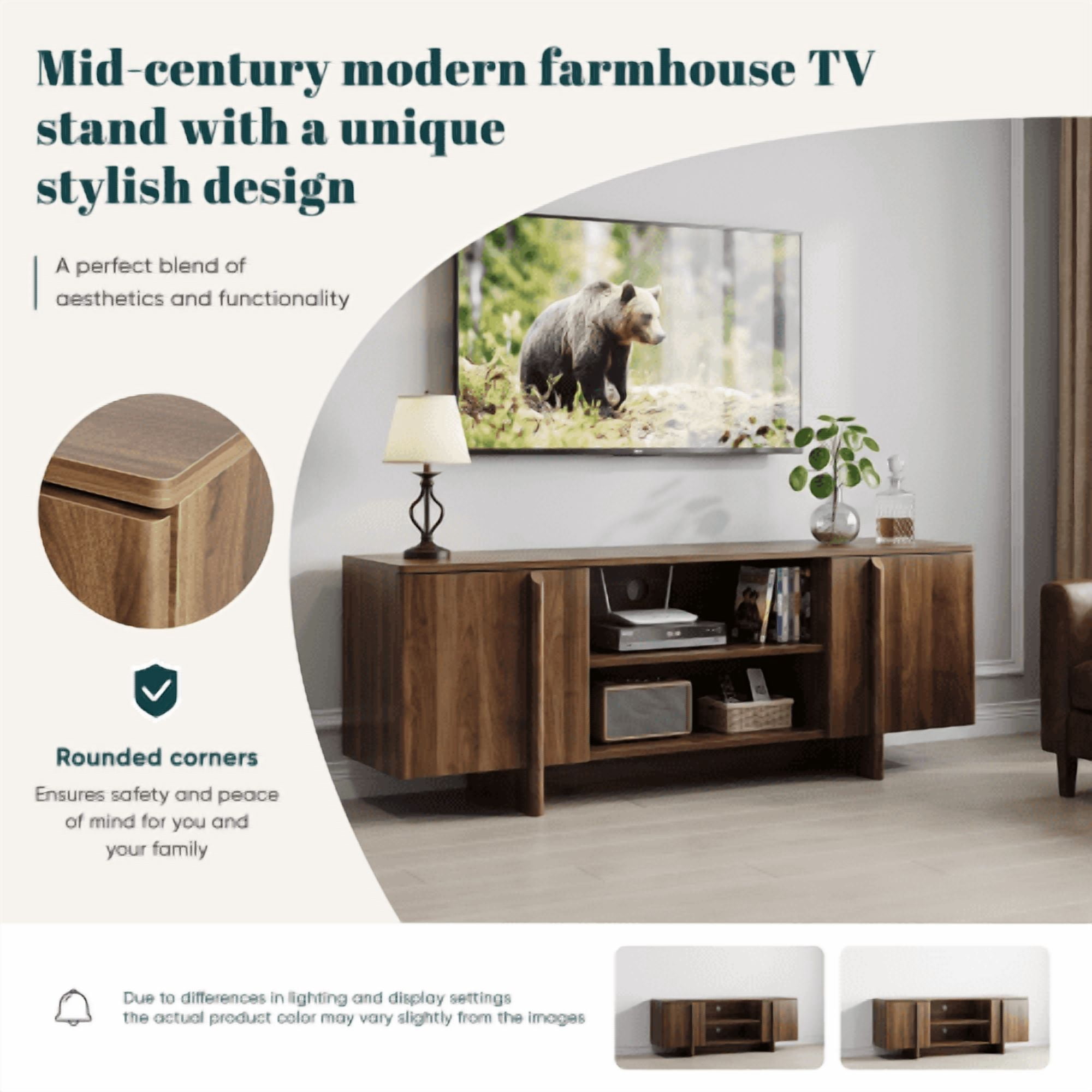 55" Mid-Century Modern Farmhouse TV Stand, Entertainment Center with Double Doors, Open Shelving, and Cable Management, Fits TVs up to 48 Inches, Walnut