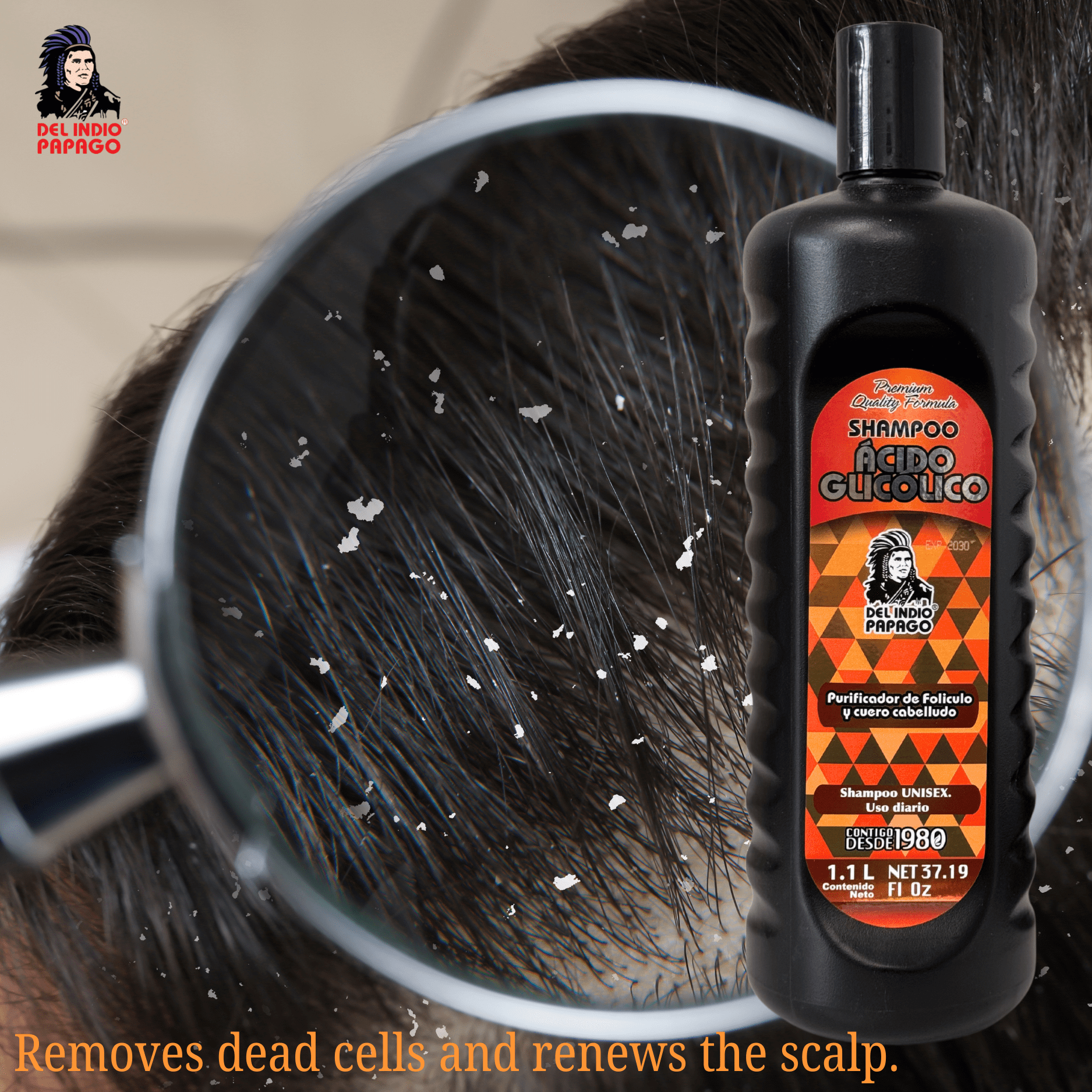 Del Indio Papago Acido Glicolico Shampoo For Removal of Dandruff and Saclp Renewal, 1.1 Lt.