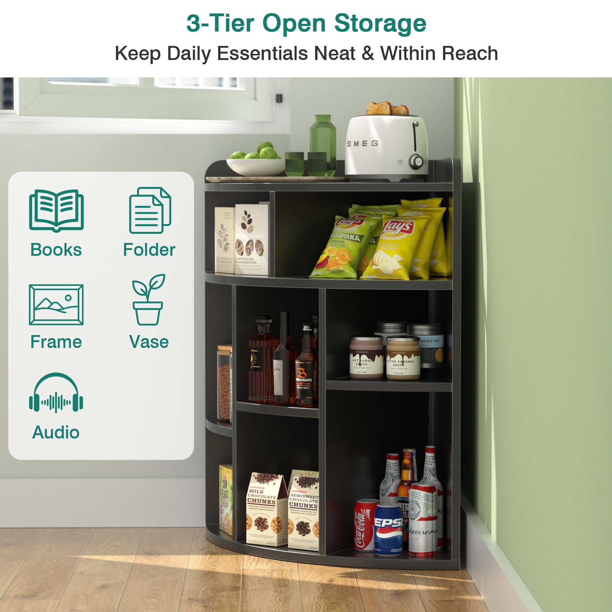 VECELO Corner Cabinet Storage with USB Ports and Outlets, Wooden Cubby Bookshelf for Small Space, Adjustable Shelves Corner Cube Toy Storage for Playroom, Bedroom, Living Room, Black