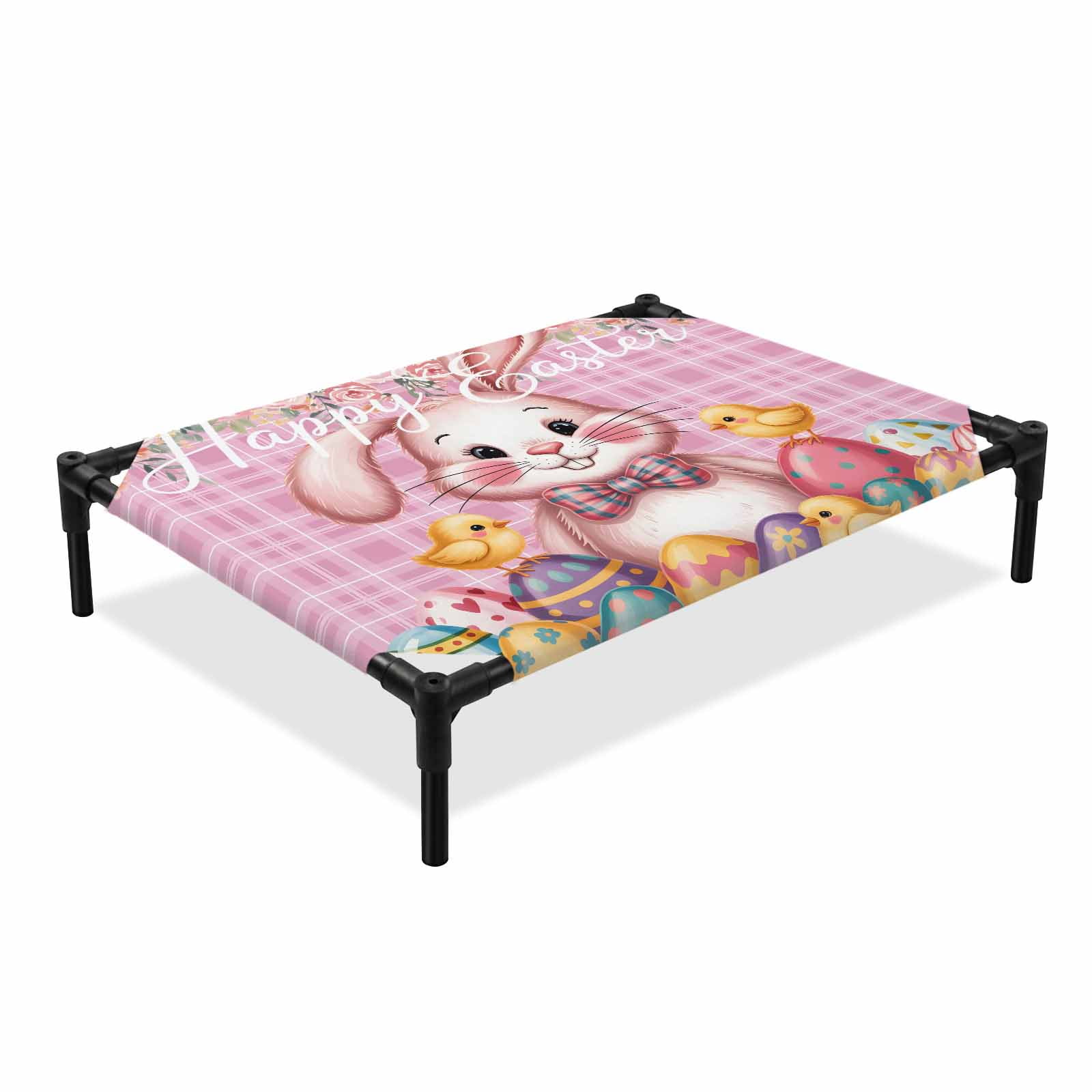 Happy Easter Elevated Dog Bed Spring Rabbit Eggs Chicken Floral Pink Plaid Cooling Breathable Outdoor Raised Dog Cot Bed with Metal Frame Non-Slip Feet for Medium Dog 24x20in