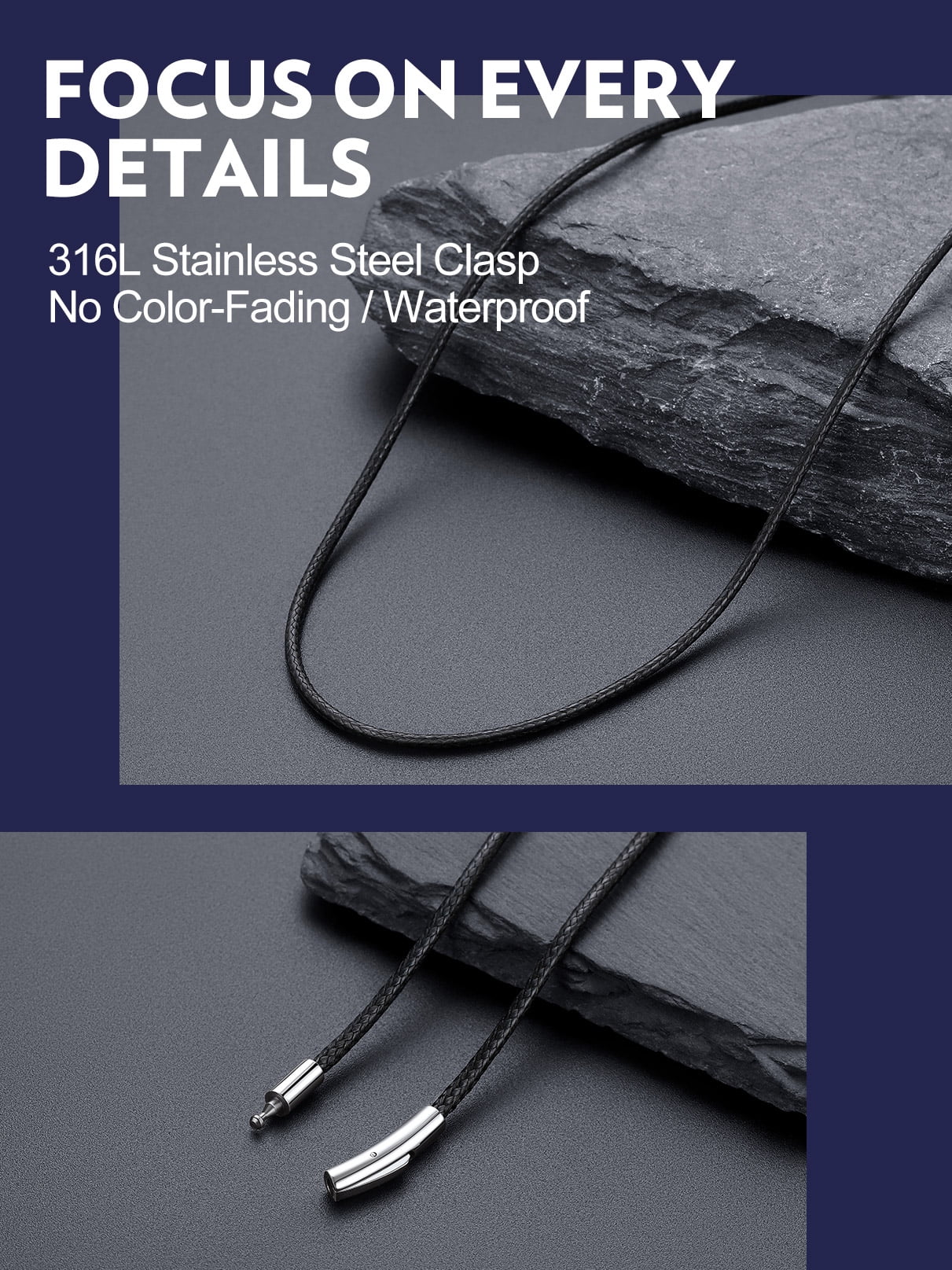 Bandmax 24 inch Braided Wax Rope Chain Necklace for Men Women Snap Clasp 2MM Wide Black Leather Cord Chain for Pendant Gift for Halloween Christmas