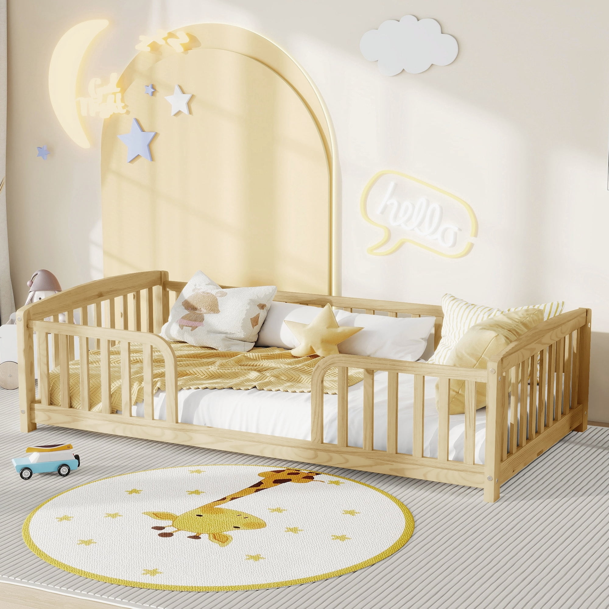 Mintazer Twin Size Toddler Floor Bed with Guardrails & Central Entrance, Natural