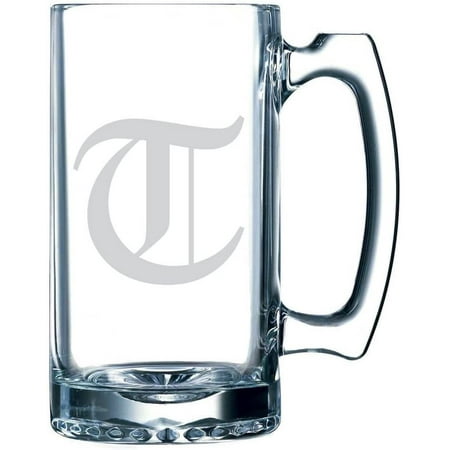 

Old English Etched Monogram 25oz Libbey Sports Beer Mug Letter T