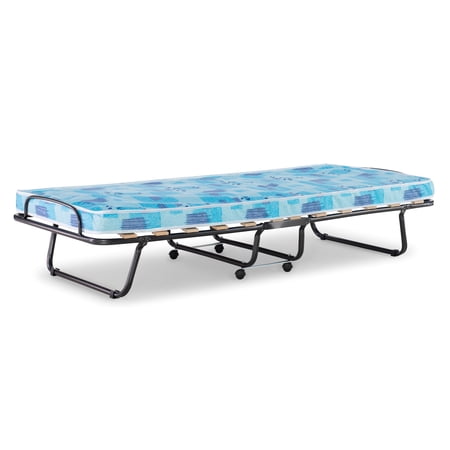Linon Roma Folding Rollaway Cot-Sized Bed, with Steel Frame and Mattress