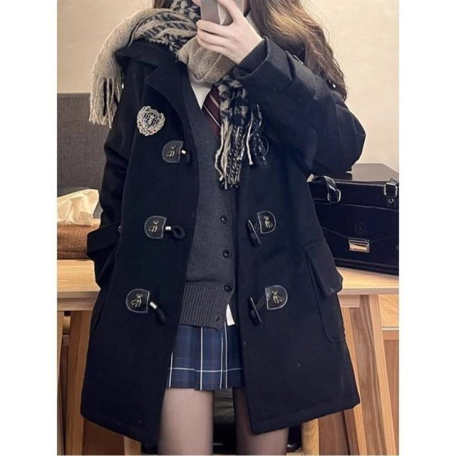 -abrigo largo de estilo Preppy para mujer, chaqueta negra de gran tamaño, Vintage, mezcla de lana universitaria, ropa de calle, moda coreana, Otoño e Invierno