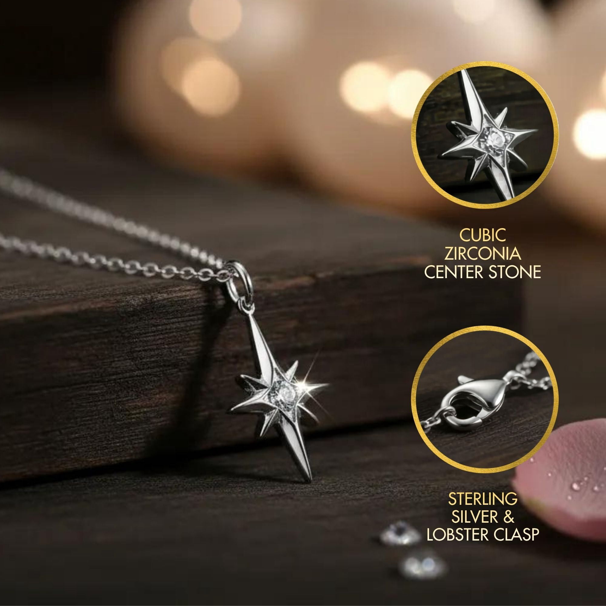 HOPE LOVE SHINE North Star Necklace – 14k Gold Over Sterling Silver Jewelry Gift for Guidance & Inner Light