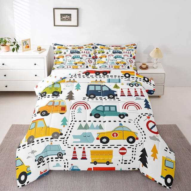 Erosebridal Cartoon Car Bedding King Comforter Set, Morning Transportation Down Comforter, Construction Site Sign Decor, Reversible 3 Pieces