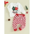 thumbnail image 3 of FEORJGP Toddler Boys Christmas Outfits Infant Baby Long Sleeve Sweatshirts Christmas Tree Letter Print Pullover Crew Neck Tops and Drawstring Sweatpants Plaid Long Pants 2Pcs Clothes Set, 3 of 9