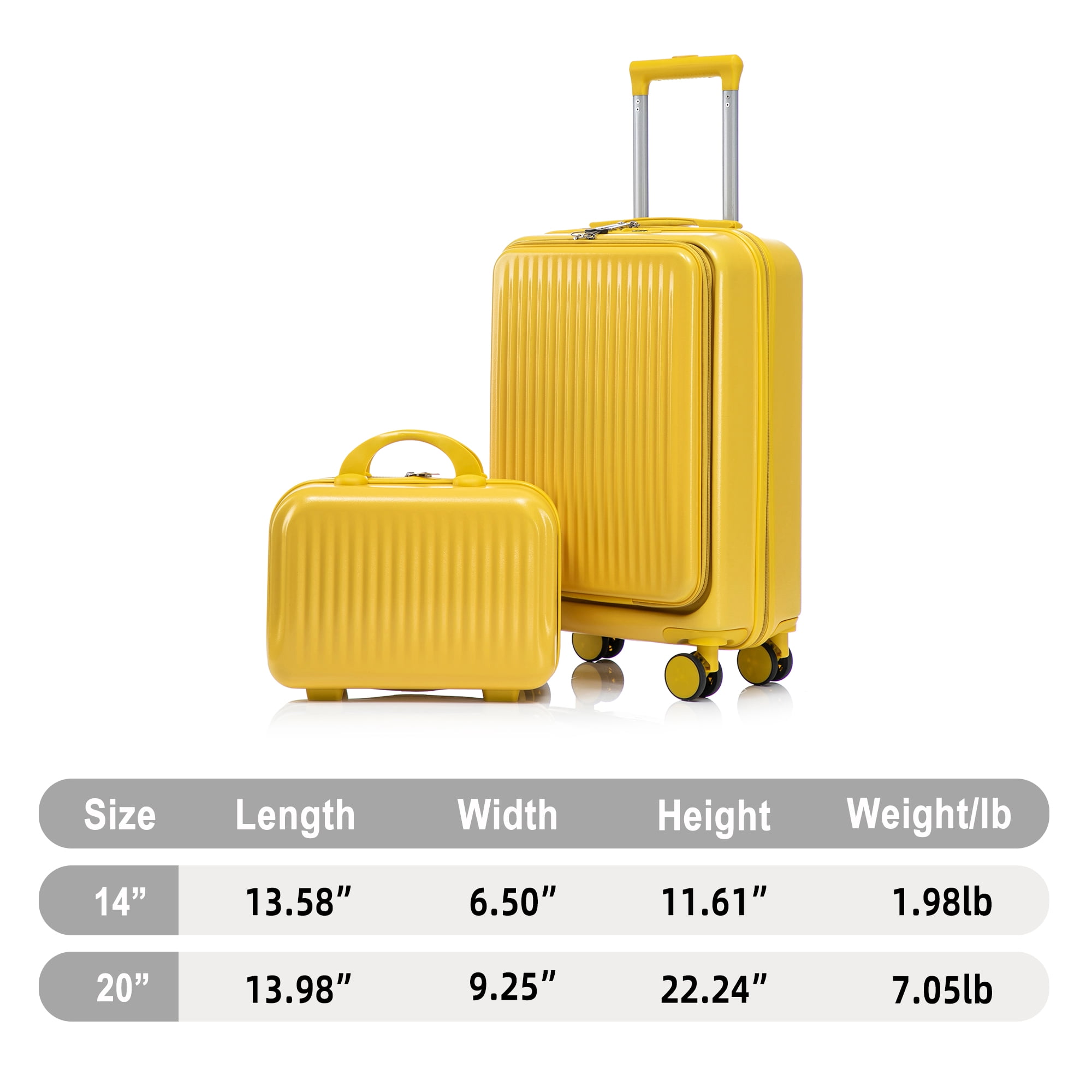 Alvantor 2 Piece Spinner Luggage Set, ABS Hardshell Front Opening Suitcase Set with Combination Lock and Cosmetic Case,14"/20" Yellow