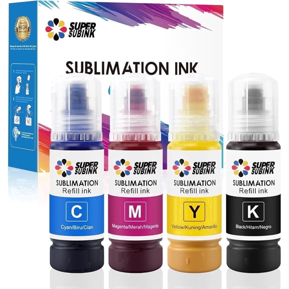 SUPERSUBINK Sublimation Ink for Epson 2800 ET2803 ET2850 ET2720 ET2760 ET4800 ET15000 Heat Press Transfer Ink (Auto-Fill Anti-UV ICC-Free),