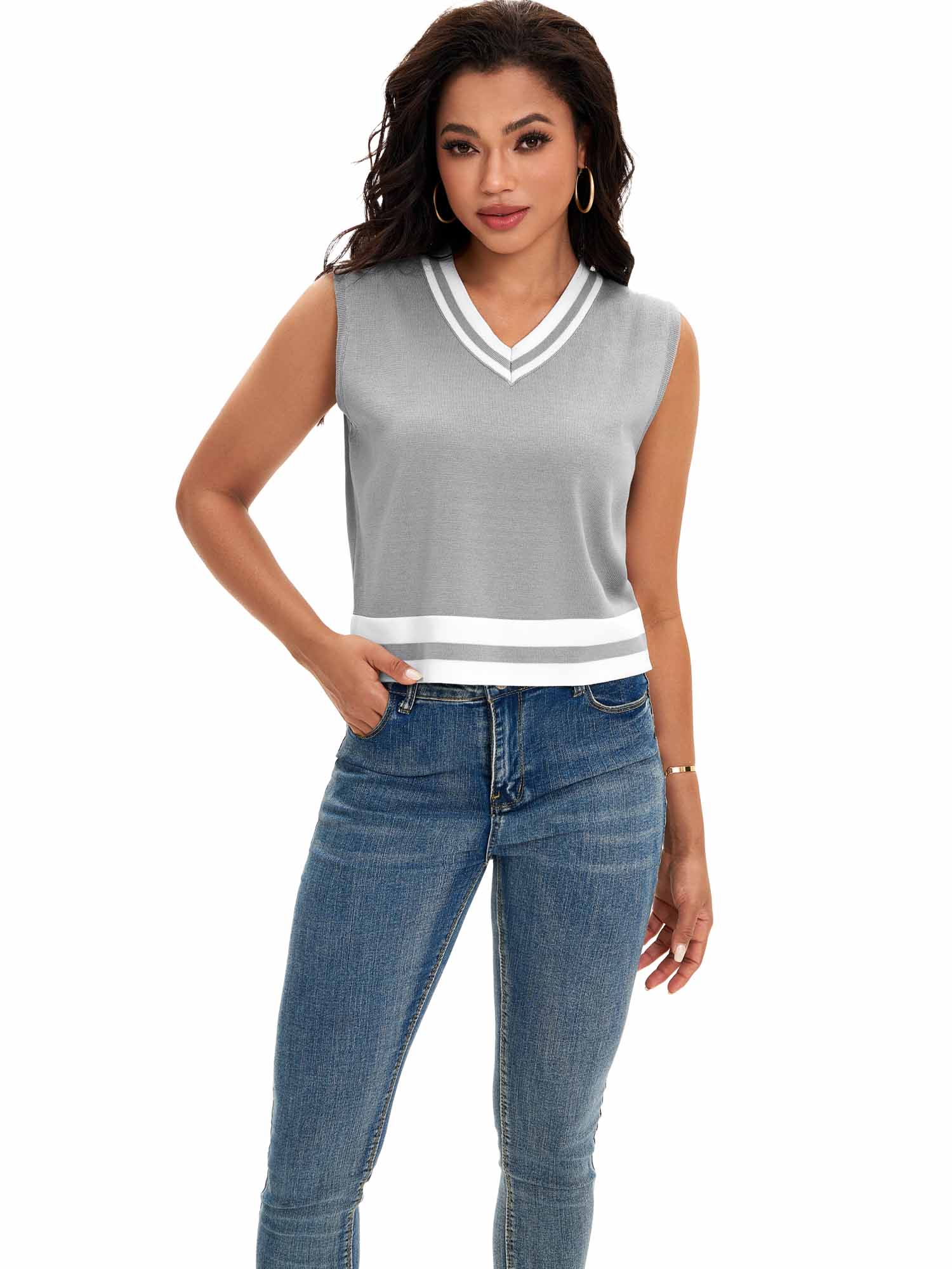 DARING DIVA Women's Cropped Sweater Vest Summer Tank Tops M Gray White