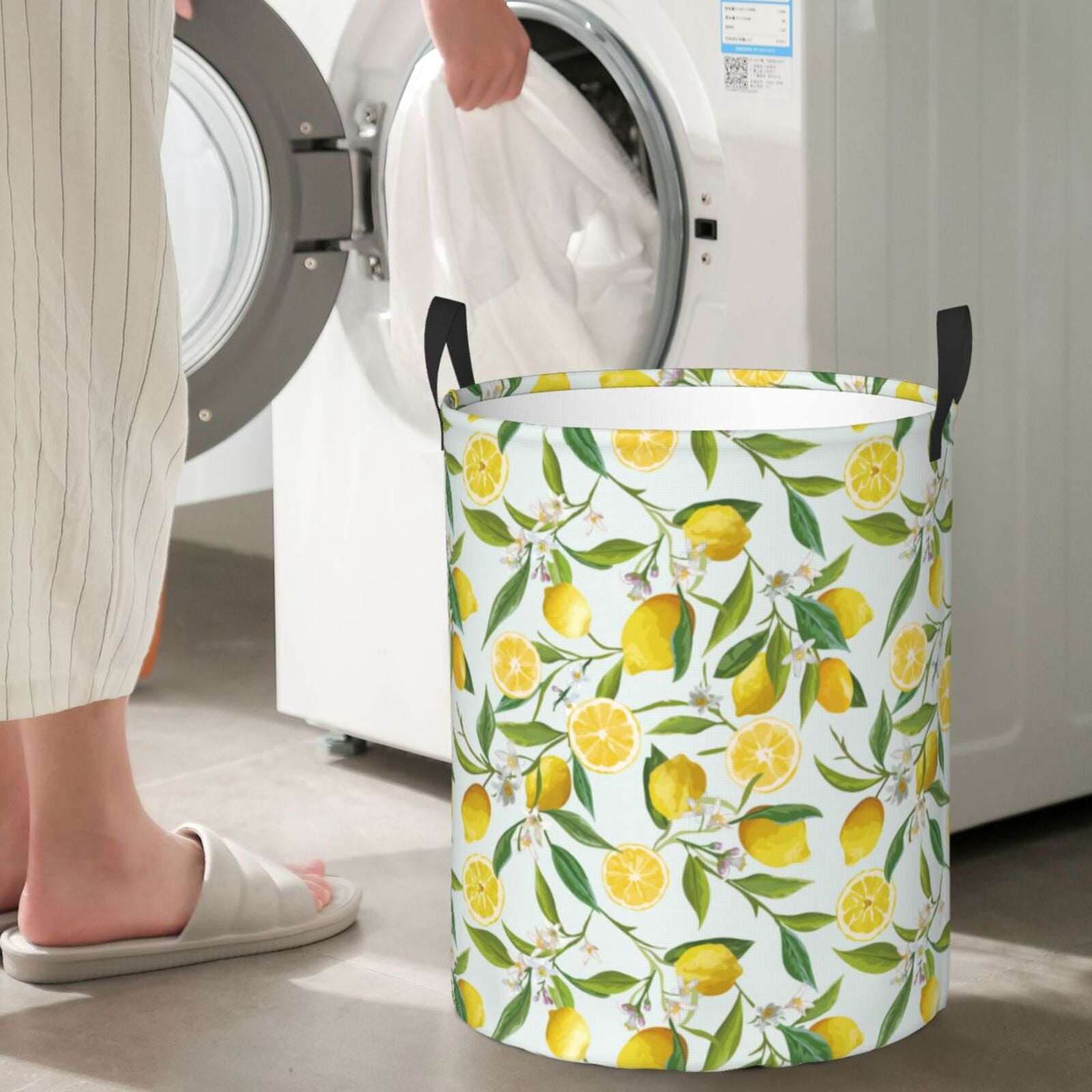 Large Laundry Basket with Handles - Cute Lemon Flower Leaves Kids Baby Dirty Clothes Laundry Hamper for Bedroom Aesthetic
