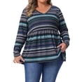 thumbnail image 1 of Blusas de mujer de talla grande Agnes Orinda, tops de babydoll vintage a rayas, cuello en V, de manga larga, con cintura elástica, casual, 2X, azul, 1 of 6