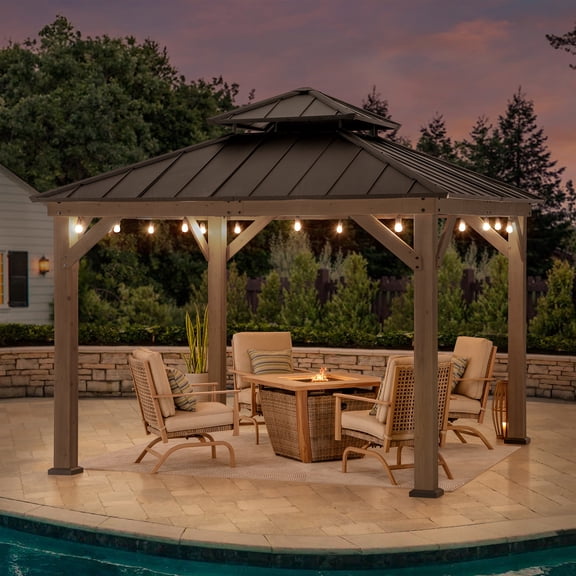 Sunjoy Wooden Gazebo 11’ x 11’ Outdoor Gazebo Patio Steel Gazebo with Cedar Frame and Ceiling Hook Wood Gazebo with 2-tier Metal Roof, Brown