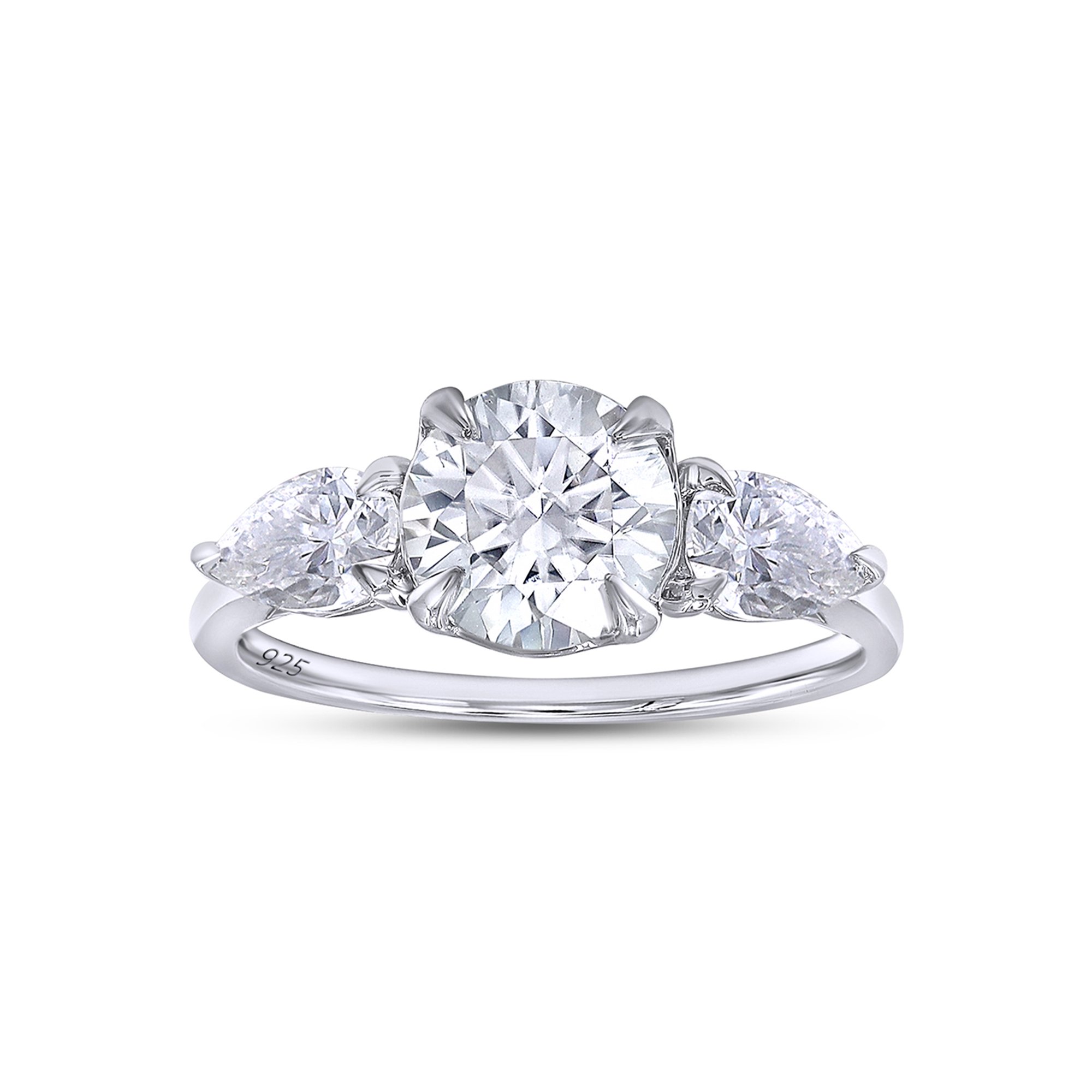 2 1/4 Carat 7.5MM Round & 6X4MM Pear Cut Lab Created Moissanite Diamond 3-Stone Engagement Ring For Women In 14K White Gold Over Sterling Silver (G-H Color, VVS1 Clarity, 2.25 Cttw)-4