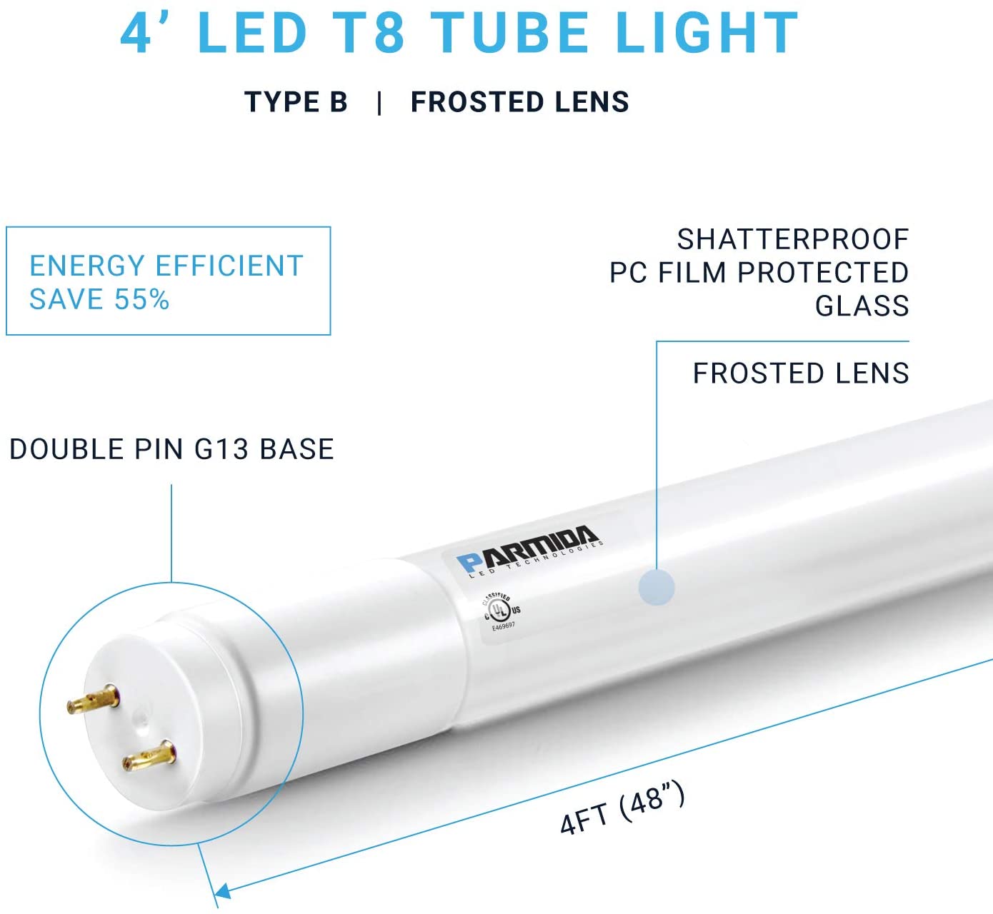 Parmida LED 4FT T8 Ballast Bypass Type B Light Tube, 18W, 2200lm, 20 Pack  3000K
