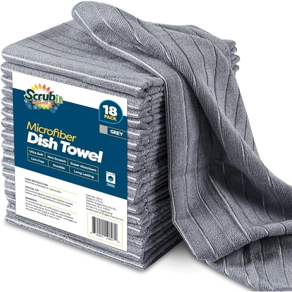 SCRUBIT Dish Towels Lint Free Microfiber Cleaning Cloth Kitchen Rags, Gray 18-Pack