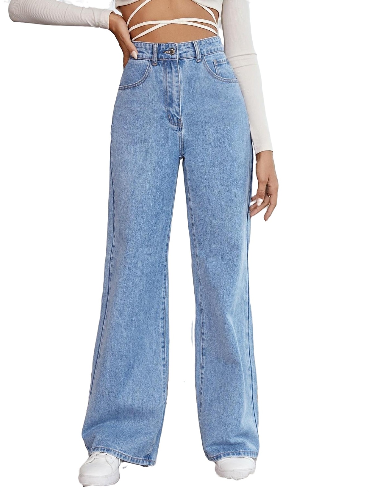 Womens Jeans Floral Zipper Long Wide Leg Blue trousers XS