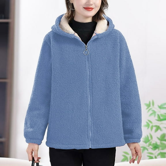 MAIHAN-Women's Sherpa Fleece Hooded Jacket Sweatshirt , Zip Up Winter Coat, Thicken Thermal Long Sleeve Outerwear, Casual Warm Pullover(Blue,XXL)