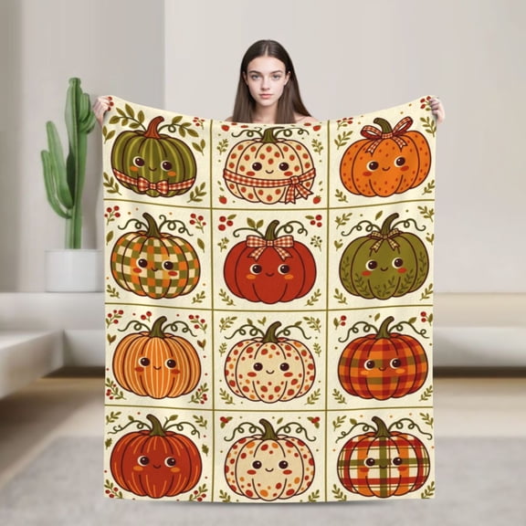 Pumpkin Blanket Thanksgiving Fall Theme, Pumpkin Design Flannel Blanket for Sofa Chair Home Decor 50x40