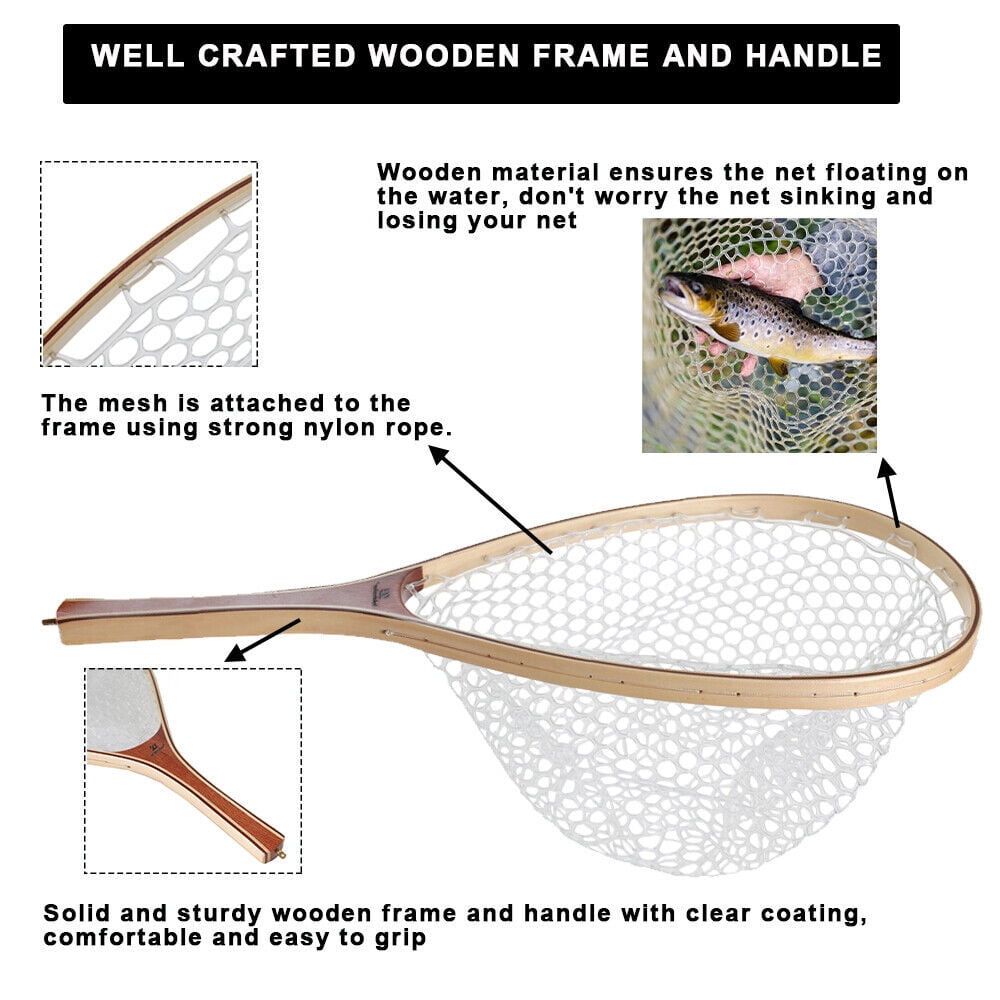 Fishing Landing Net Wooden Frame Trout Fishing Net Soft Rubber Mesh for Catch
