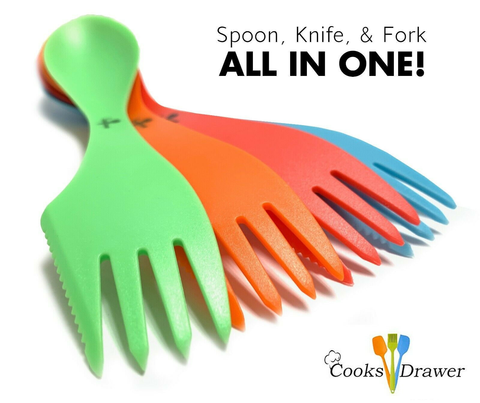 Cooks Drawer Reusable Sporks 4 Pack Multi Color, Dining Camping