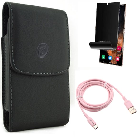 Case Belt Clip & 6ft USB-C Cable & Privacy Screen Protector for Samsung Galaxy S22 Ultra (6.8") - Combo Leather Holster Cover & Pink Charger Cord Power & TPU Film (Fingerprint) Anti-Peep