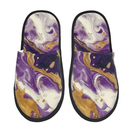 Balery Purple Gold Marble Swirls Slient Indoor Furry Fleece Comfort House Shoes Soft Non-Slip Home Shoes Cotton slippers House Slippers-- Large