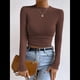 thumbnail image 5 of Tops de Punto Gofre para Mujer, Camisas de Larga, Camisetas Informales Ajustadas con Cuello Redondo, Jerséis Color Café S, 5 of 8