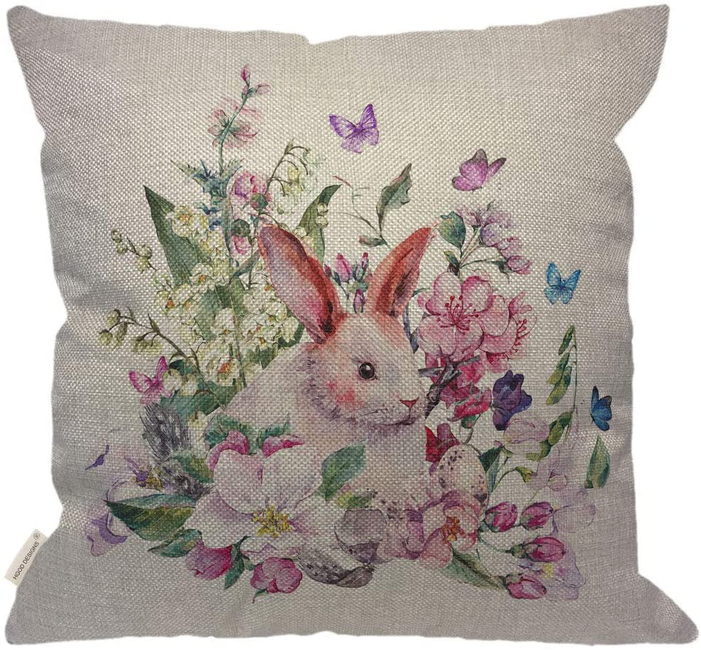 HGOD DESIGNS Rabbit Pillow Cover,Watercolor Spring Greeting Card White Bunny Blooming Branches of Peach Pear Eggs Feathers Butterflies Burlap Pillow Cases Decorative for Home 18x18 Inch