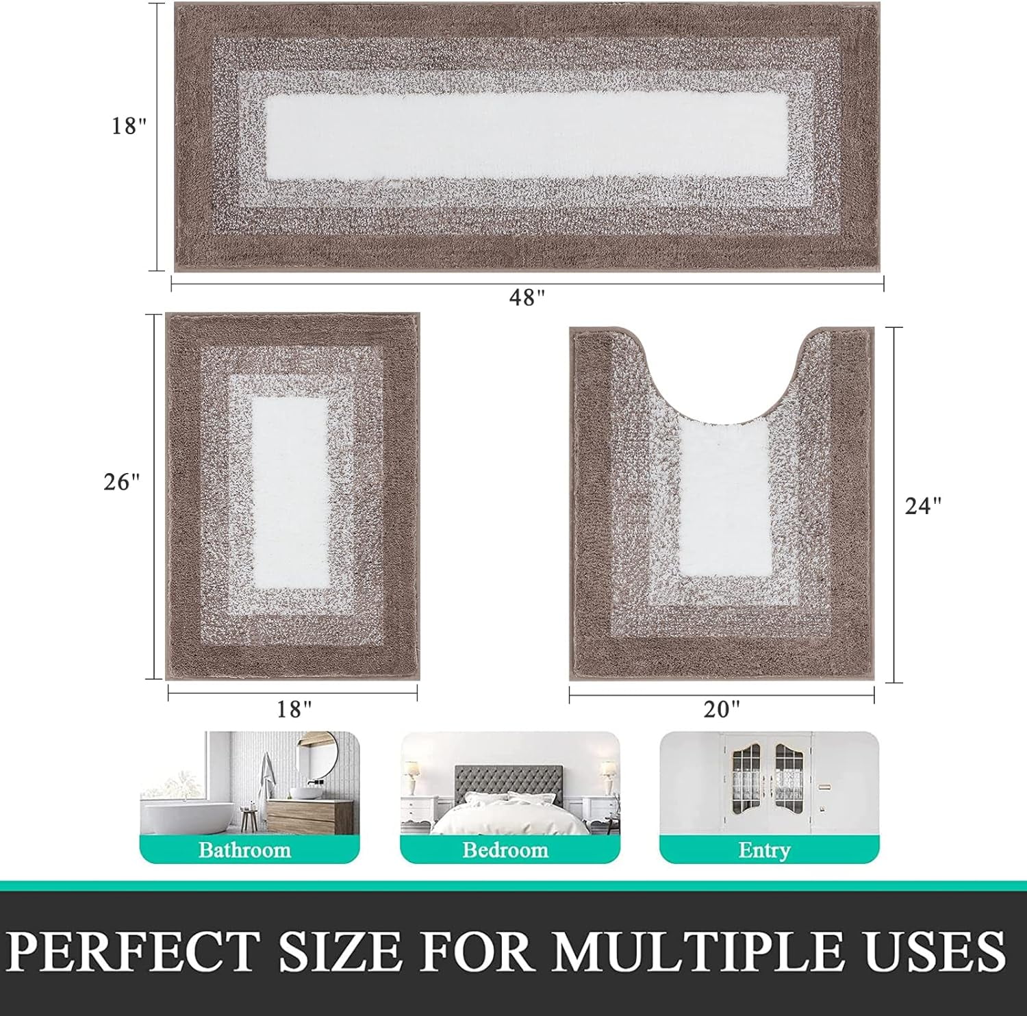 Ileading 3 Piece Bath Rug Set Microfiber Washable Non Slip Bathroom Rug and Mat Set, Coffee
