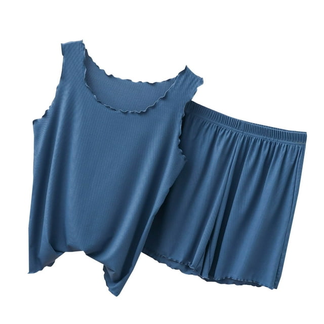 UPPADA Pyjama 2 Pcs pour Femmes en Soie et Coton, Pjs de Nuit, Col en V, Manches Courtes, Ensemble Haut et Short, Ensembles Assortis Confortables avec Poche, Bleu Marine, G