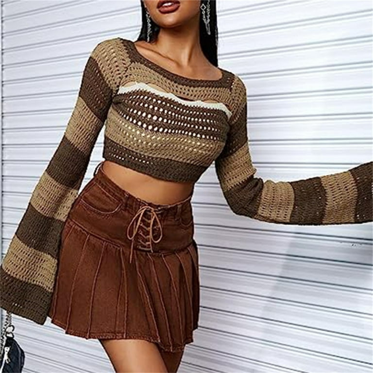 Womens Crochet Knitted Crop Top Pullover Sweater Long Sleeve