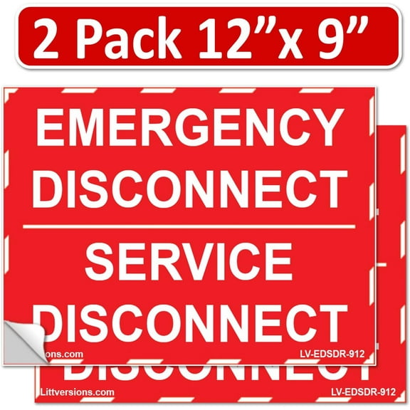 2 Pack 12"x 9" Red Emergency Disconnect Label Decal Sign Sticker Vinyl Electrical NEC compliant