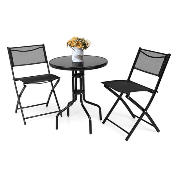 Bistro Set 3 Pieces, Round Patio Table & Folding Chairs for Outdoor Use, Black Metal Furniture for Balcony, Garden, Backyard, Space Saving Compact Design