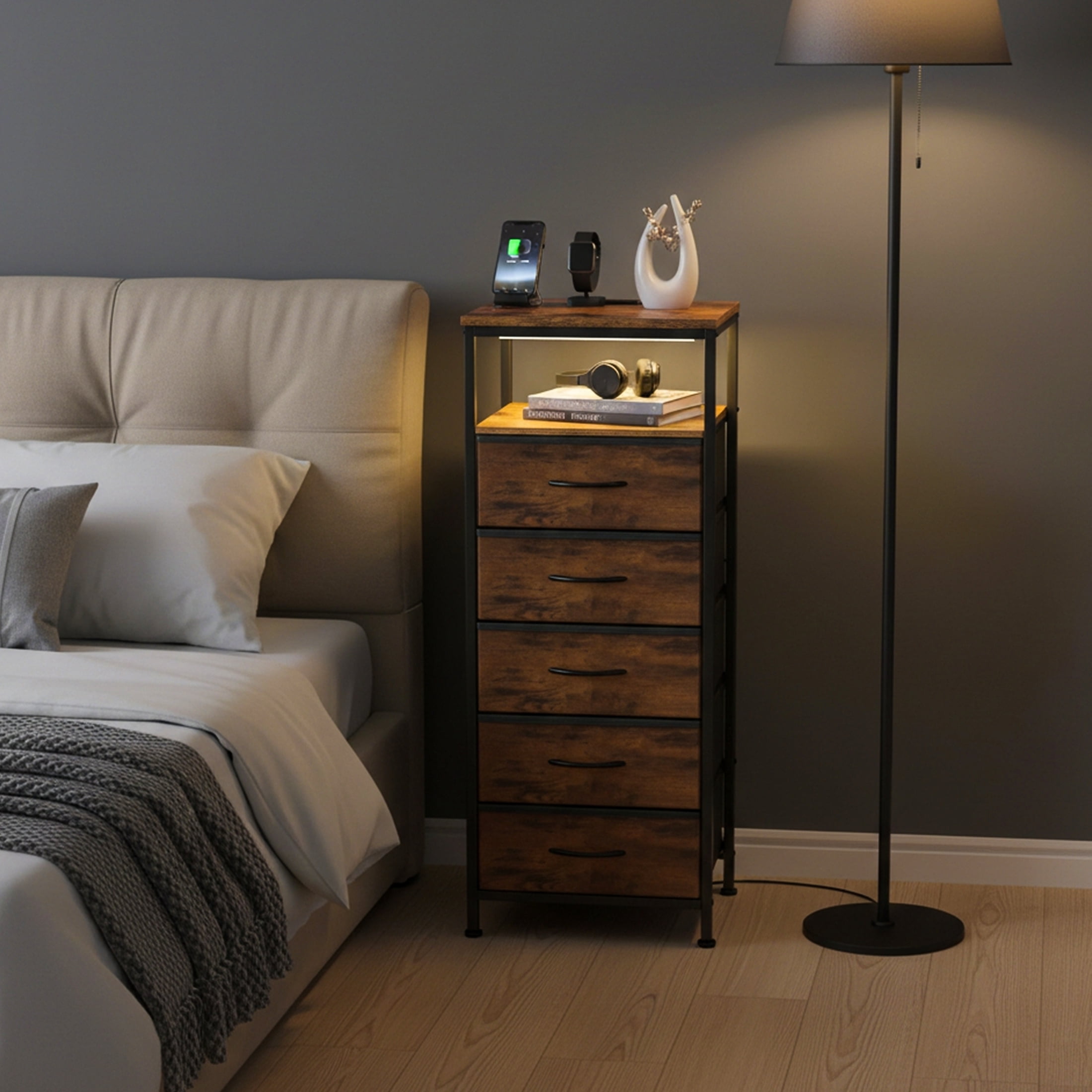 CONCETTA 5 Fabric Drawers Nightstand with Charging Station, USB/Type-C Ports, Adjustable Feet, Bedroom, Rust Brown
