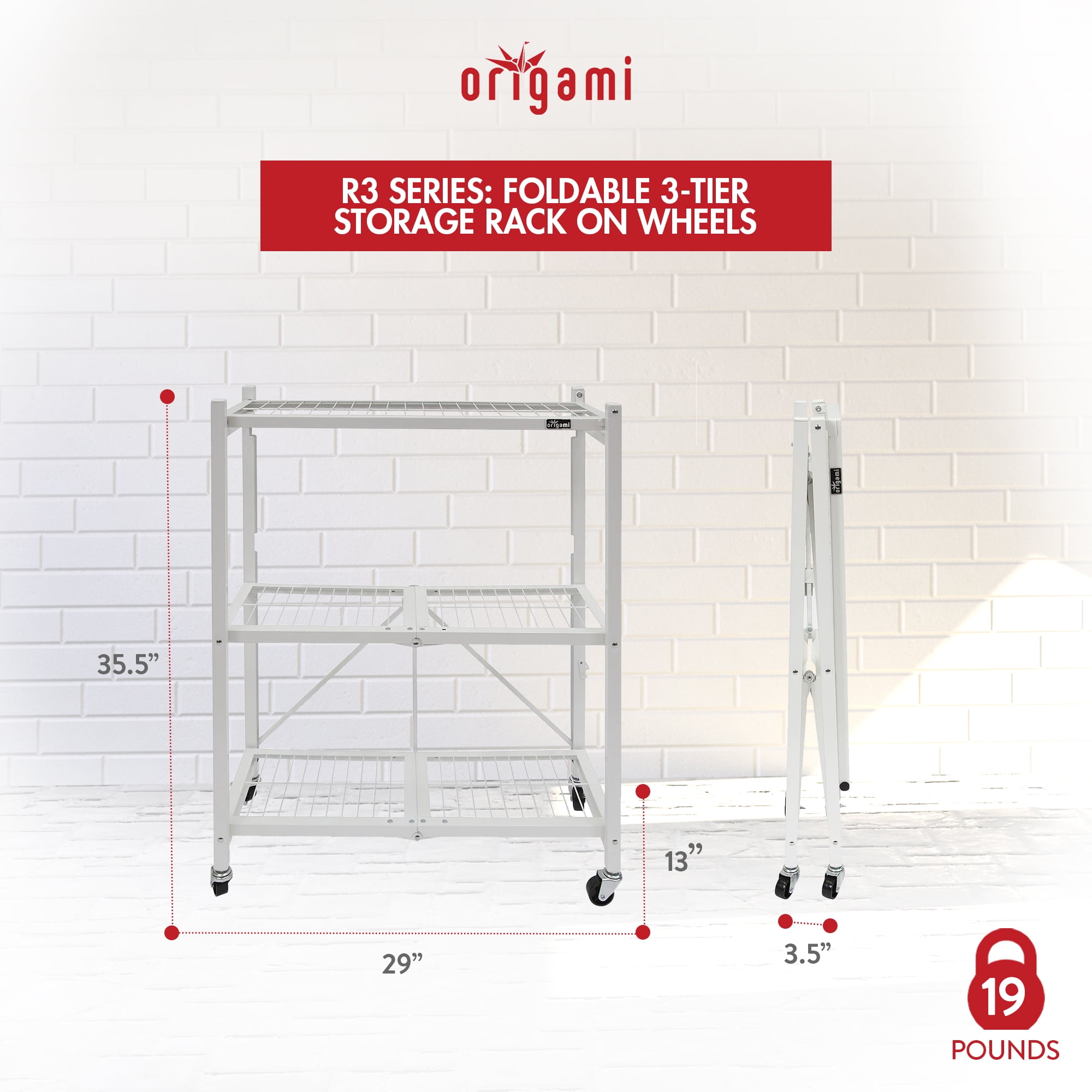 Origami 2-Pack Multipurpose Foldable 3-Tier Shelf Storage Racks, R3, White
