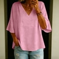 thumbnail image 4 of Miluxas Women's Summer V Neck 3/4 Sleeve Blouse Comfy Linen Blend Loose Fit Casual Tunic Shirts Pink, 4 of 8