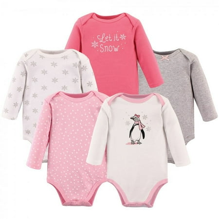 UPC: 0660168002676 | Hudson Baby Infant Girl Cotton Long-Sleeve Bodysuits 5pk Pink Penguin 12-18 Months