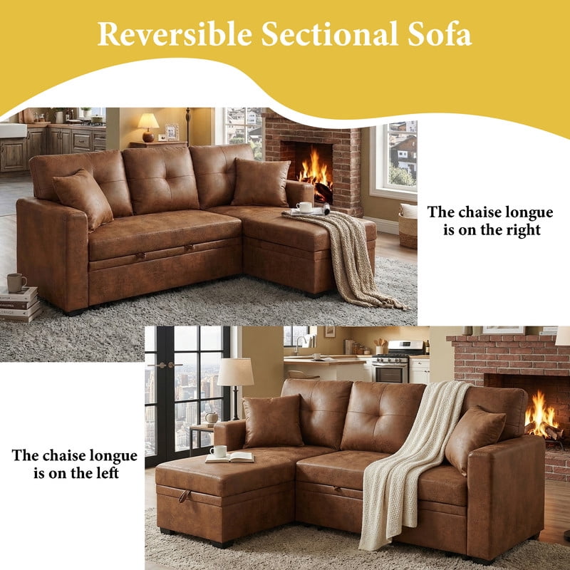 Sleeper Sofa Sectional with Pull-Out Bed – Reversible Chaise + Hidden Storage, Breathable Fabric, L-Shaped Couch for Small Spaces, Convertible Sofa Bed for Living Room