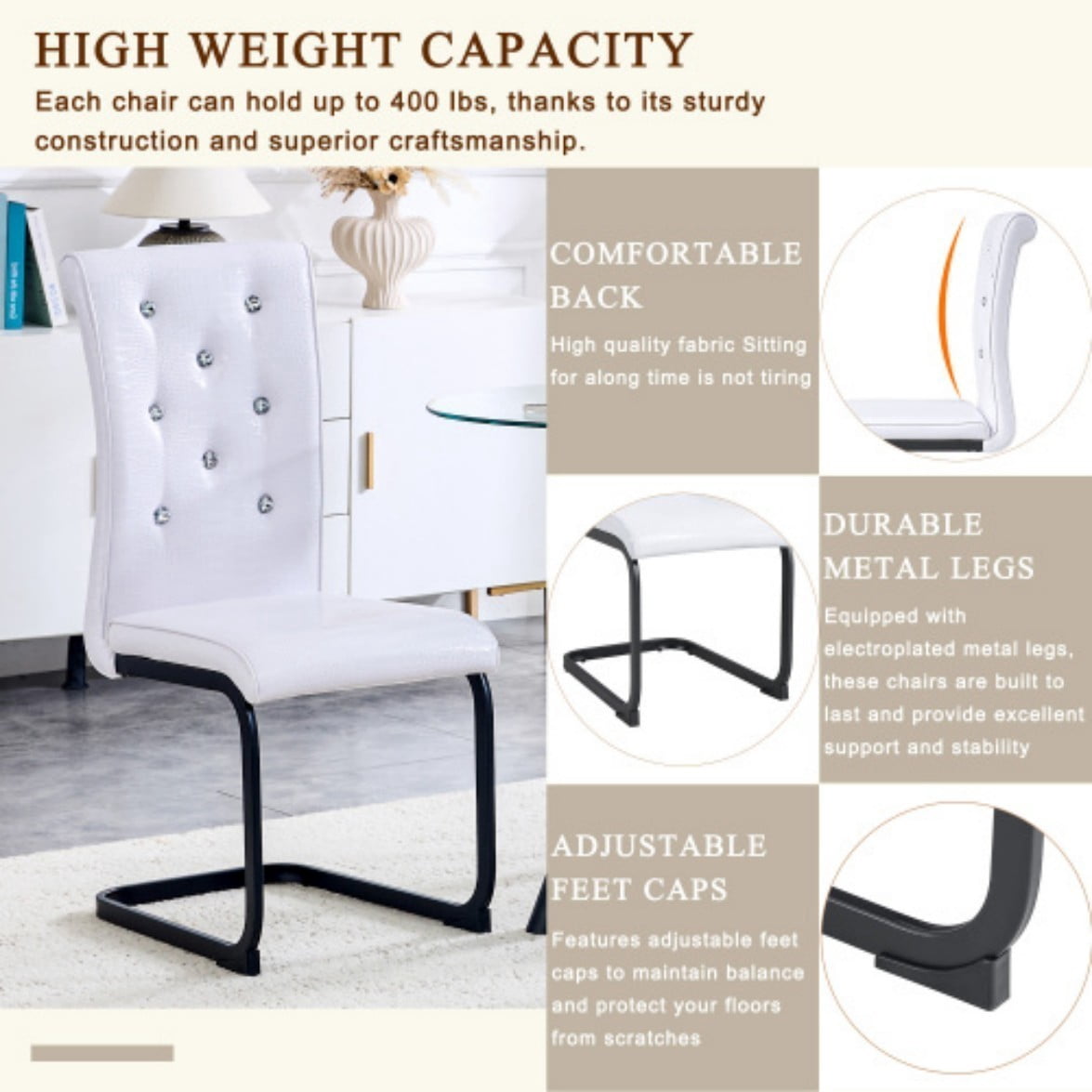 Set of 2 Retro Dining Chairs, Faux Alligator Leather Upholstered Chairs with Crystal Button Details & Metal Bow Legs, 400 LBS, White & Black