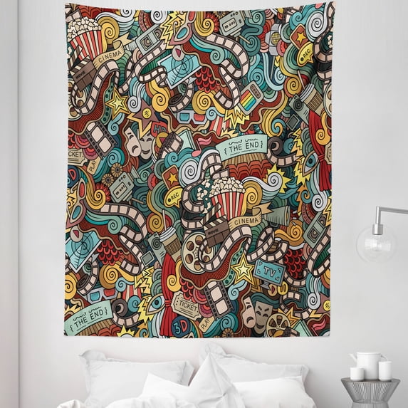 Hipster Tapestry, Cinema Items Combined in an Abstract Style Popcorn Movie Reel the End Theatre, Fabric Wall Hanging Decor for Bedroom Living Room Dorm, 5 Sizes, Multicolor, by Ambesonne