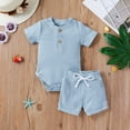 thumbnail image 3 of Maxcozy Summer Newborn Baby Boy Girl Ribbed Outfits Cotton Button Short Sleeve Tops Bodysuit + Shorts, 3 of 12