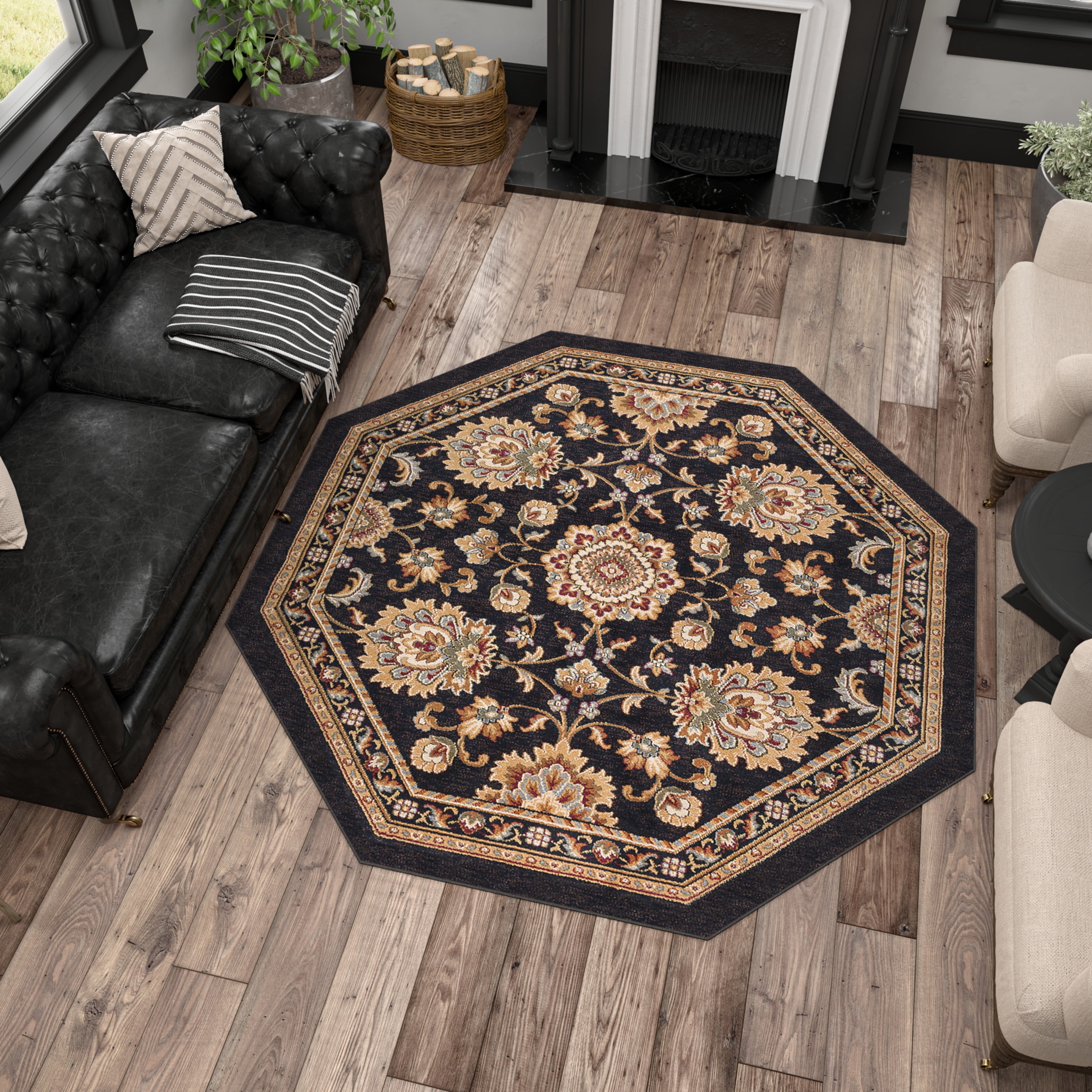Sensation Traditional 5' Octagon Black and Gold Polypropylene Indoor Area Rug