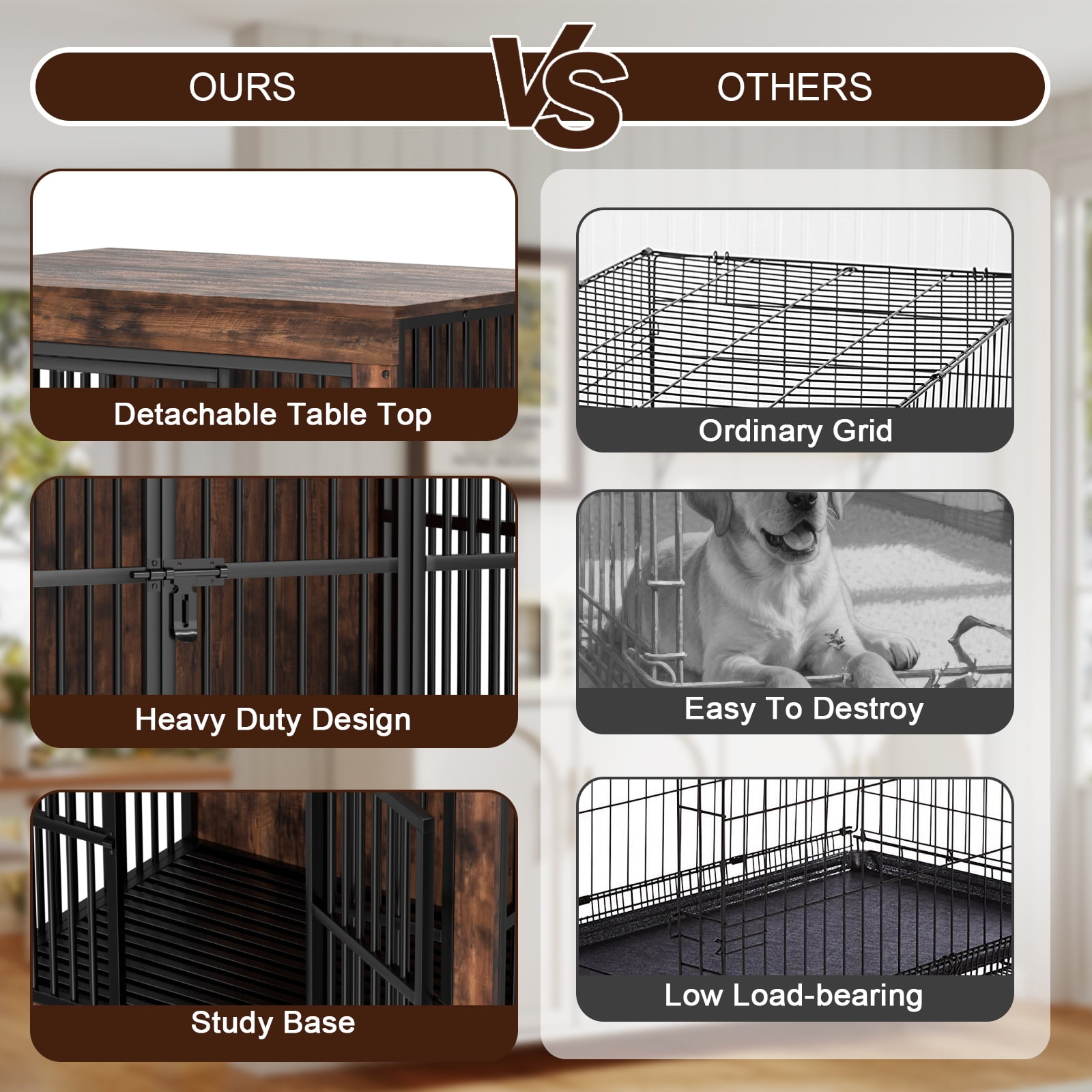 PRIJESSE 39 Inch Chew Proof Dog Crate Furniture, Rustic Brown Wooden End Table with Removable Top & Pull-Out Tray for Large Dogs, Indoor Kennel House