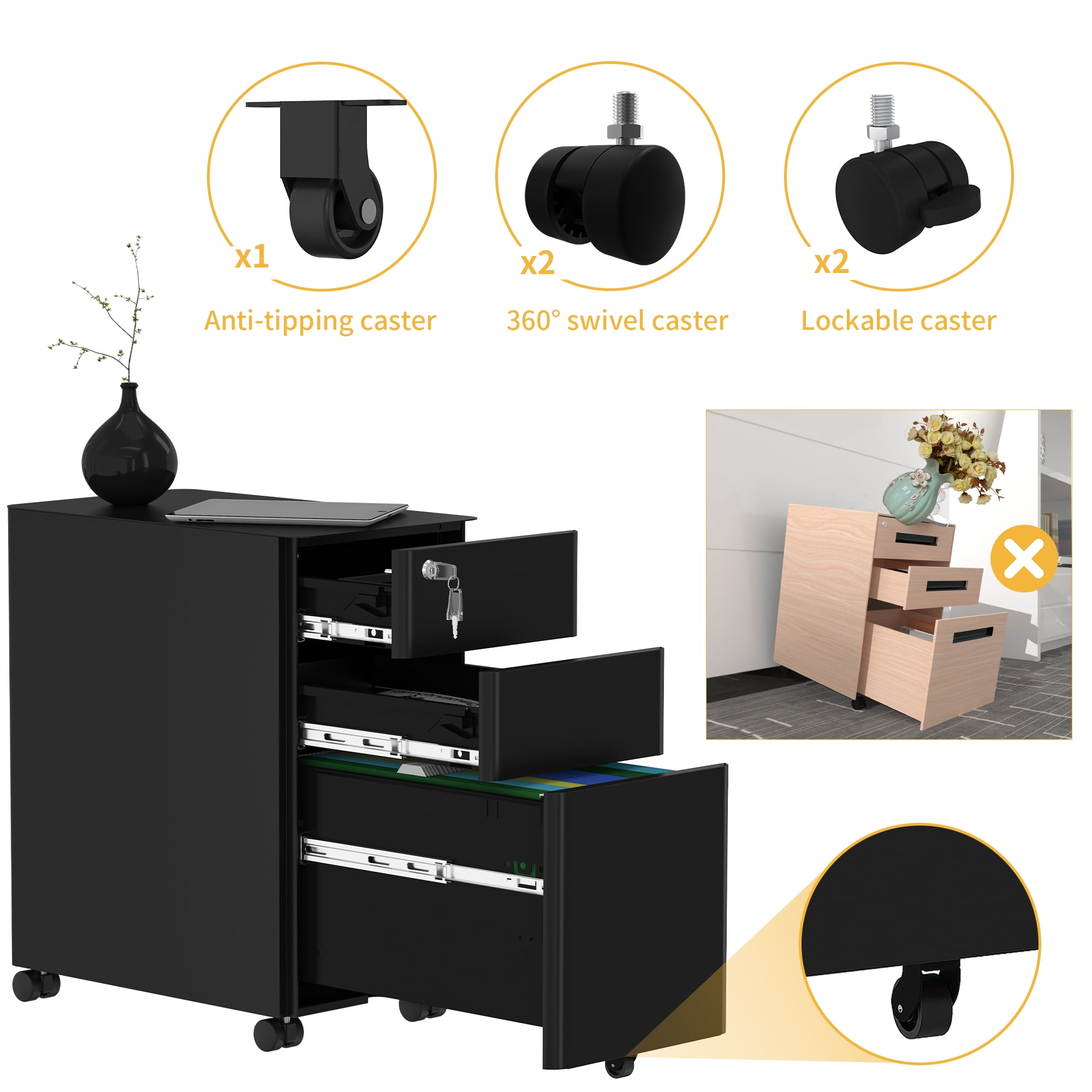Uforic Mobile Slim File Cabinet with Lock, 3 Drawers, Portable Metal Office Storage Filing Cabinet, Accommodates Lega Size, Pre-Assembled Cabinet Excluding Casters, Designed to Fit Under Desk, Black