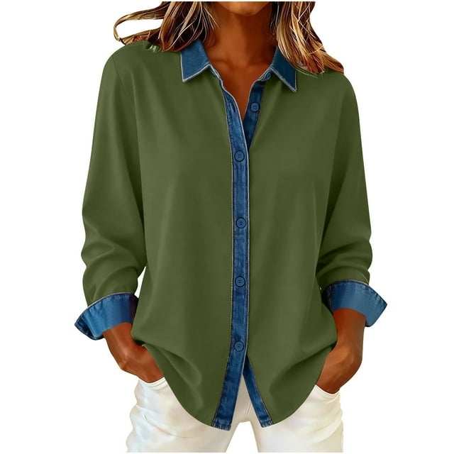 HongQid Chemises pour Femmes en Denim Patchwork à Boutons, Surchemise à Col à Revers, Printemps Automne, Manches Longues, Hauts Unis