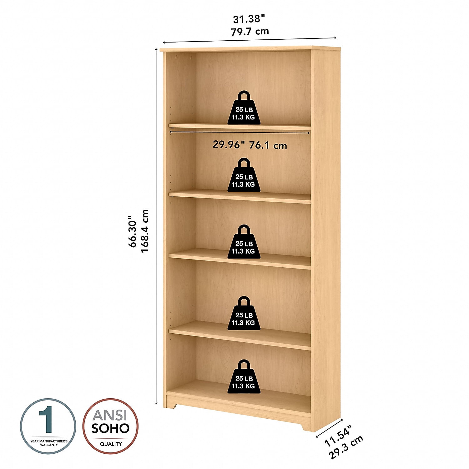 Bush Furniture Cabot Tall 5 Shelf Bookcase, Natural Maple