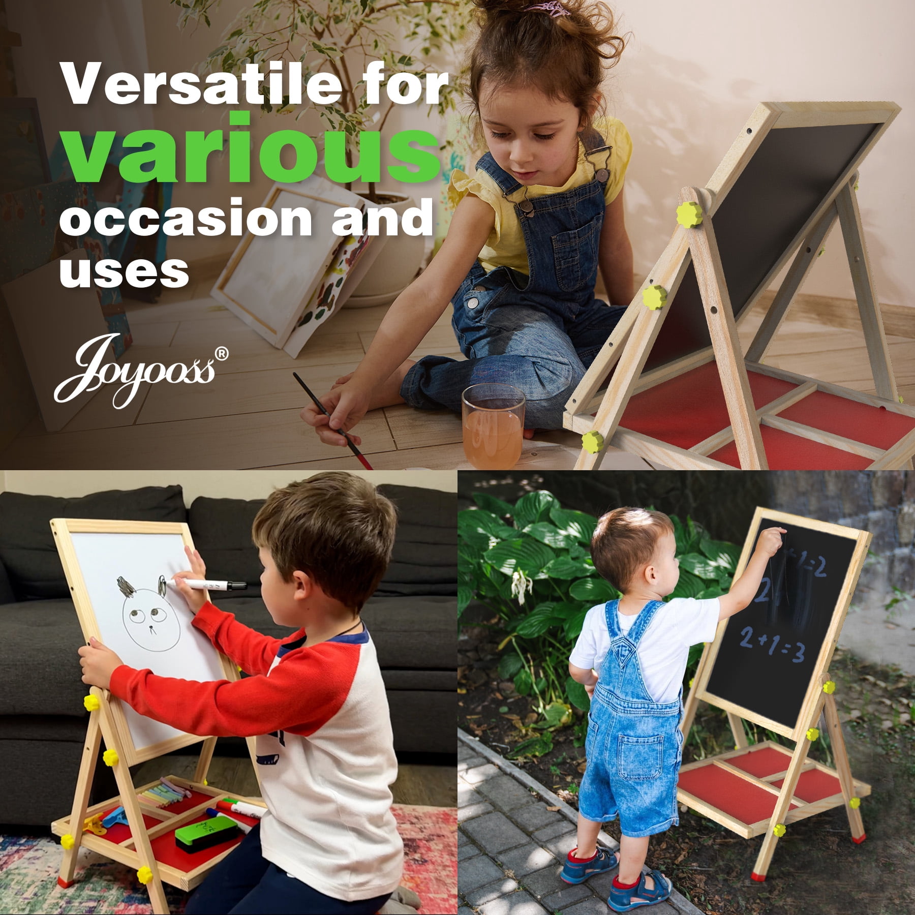 JOYOOSS 3-in-1 Kids Easel with Chalkboard & Whiteboard, Wooden Toddler Art Easel for Ages 4-12, Adjustable Magnetic Drawing Board with Markers & Eraser 105-Natural