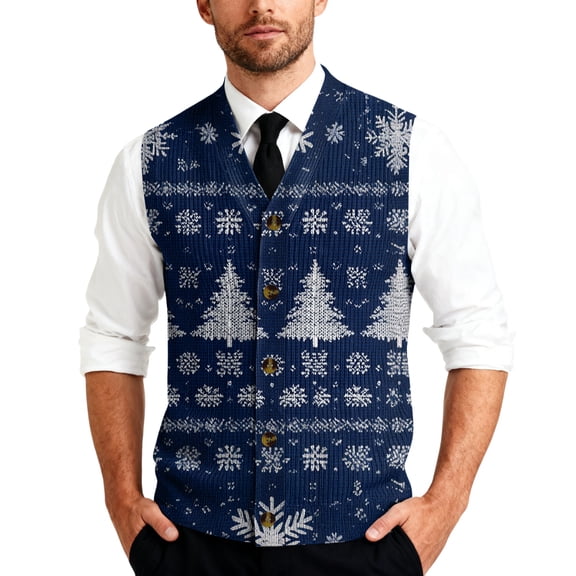 Resicozy Mens Christmas Sweater Vest Funny Xmas Printed Holiday Vests V Neck Casual Cardigan Vest Blue 3XL